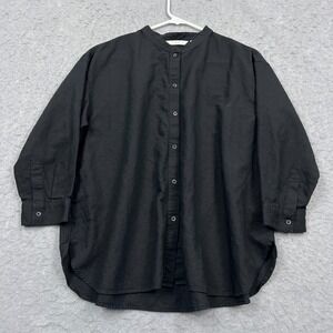 Uniqlo Top Women's XL Black Linen Band Collar 3/4-Sleeve Button Up Boxy Shirt